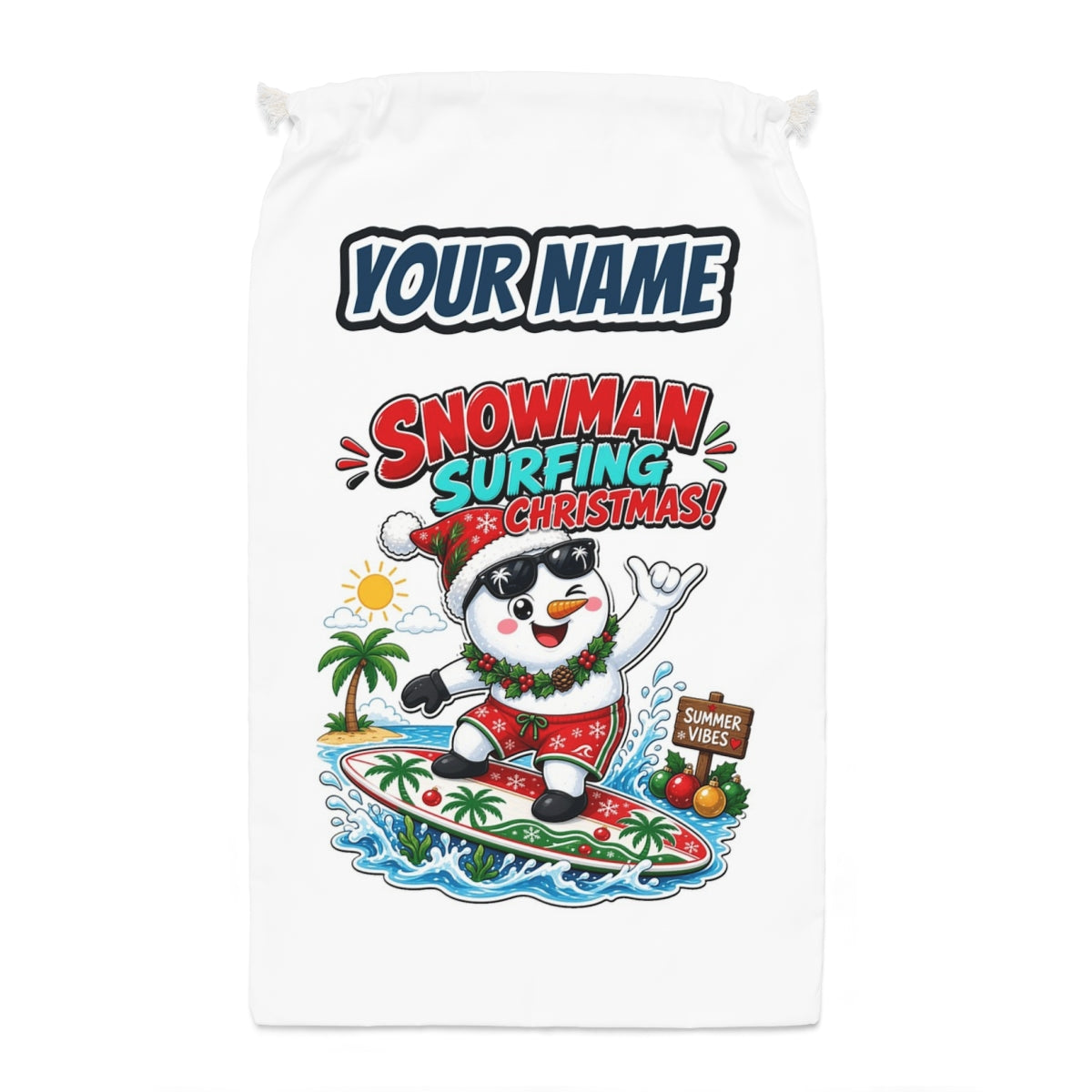 Snowman Surfing Christmas Santa sack laid flat, showing the full print