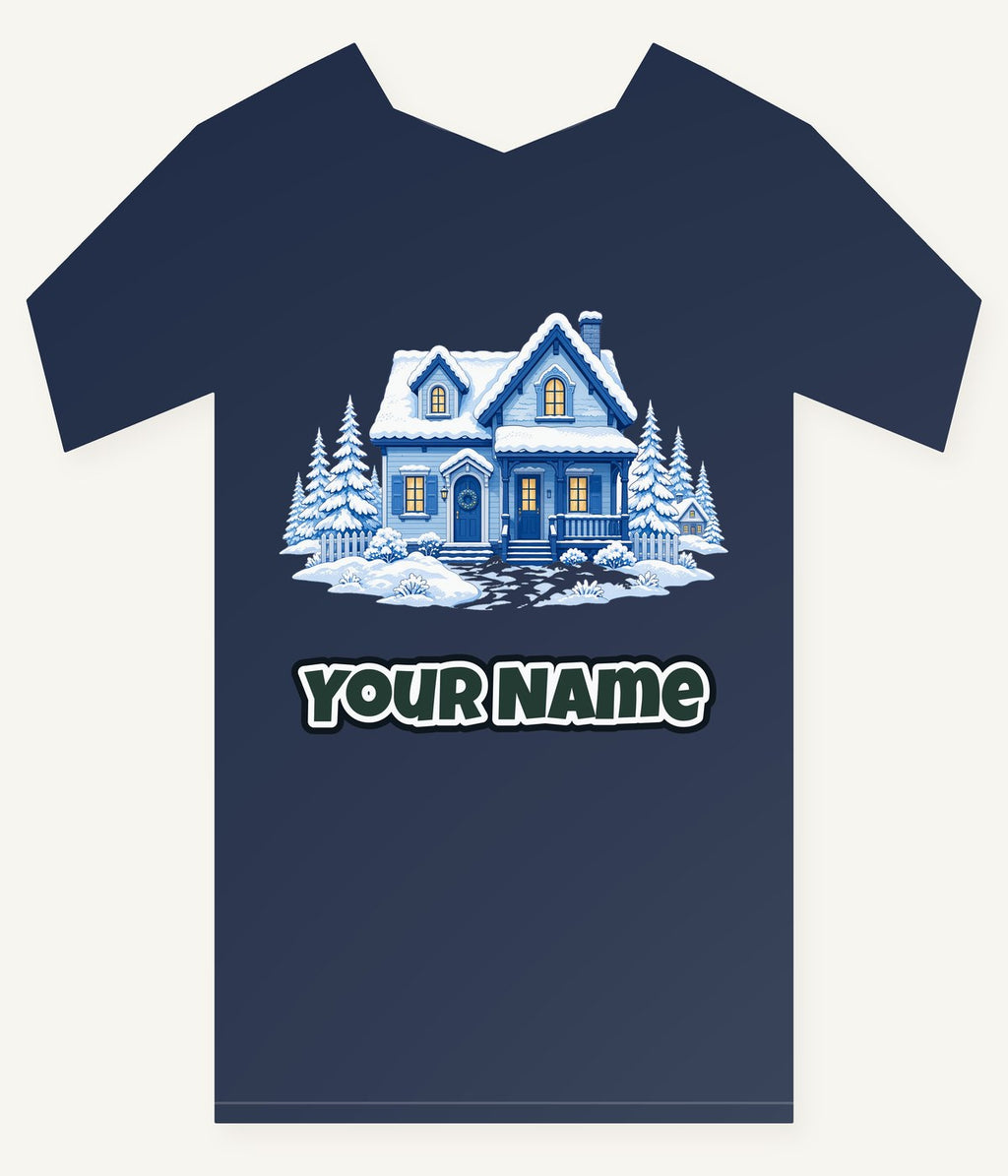 Snowy Blue Christmas Cottage Personalised Kids Tee and Baby Bodysuit