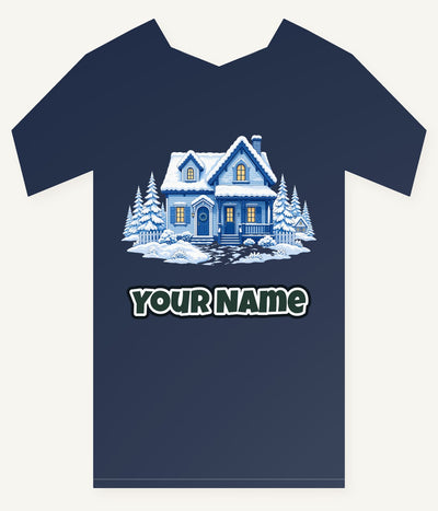 Snowy Blue Christmas Cottage Personalised Kids Tee and Baby Bodysuit