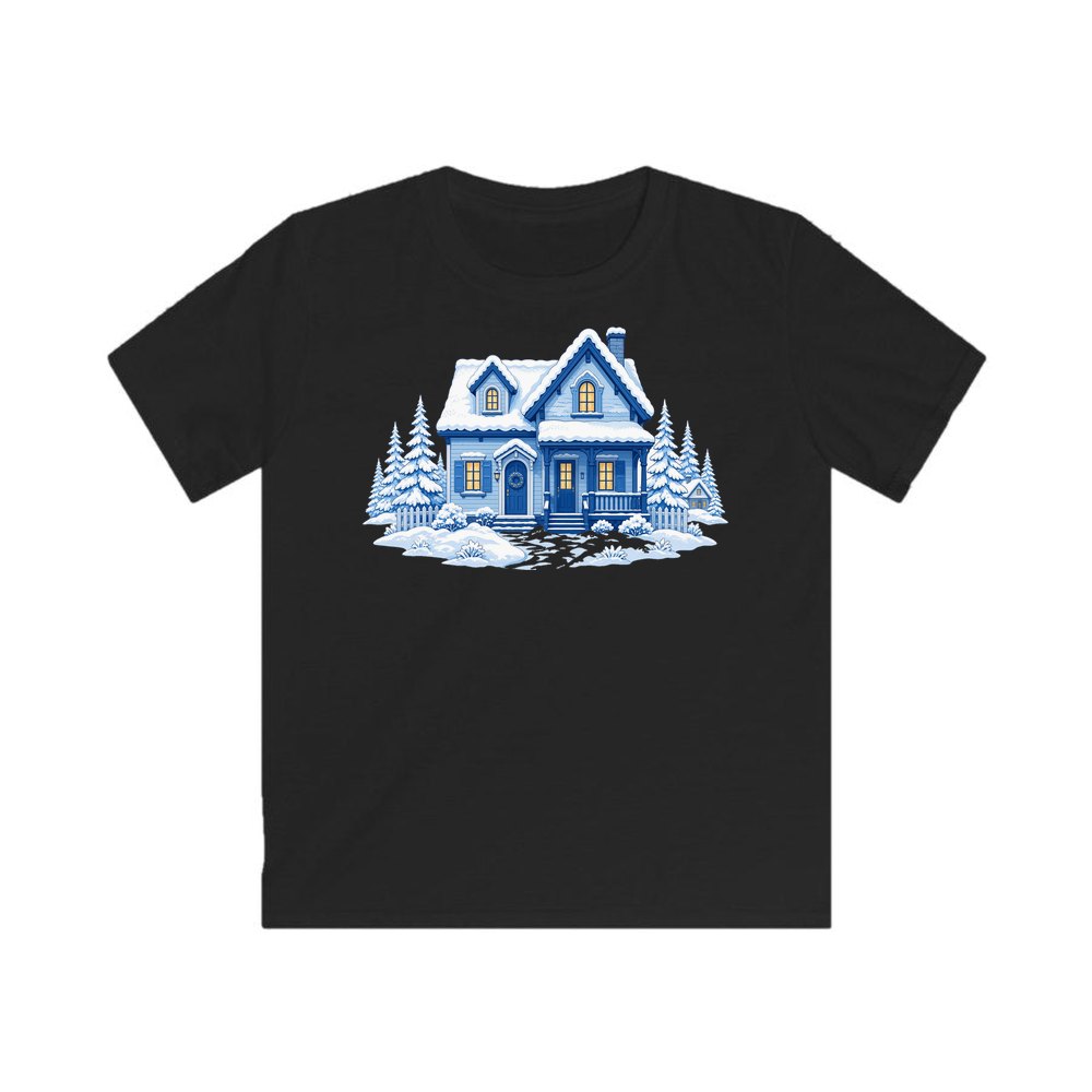 Snowy Blue Christmas Cottage personalised kids Christmas tee in black