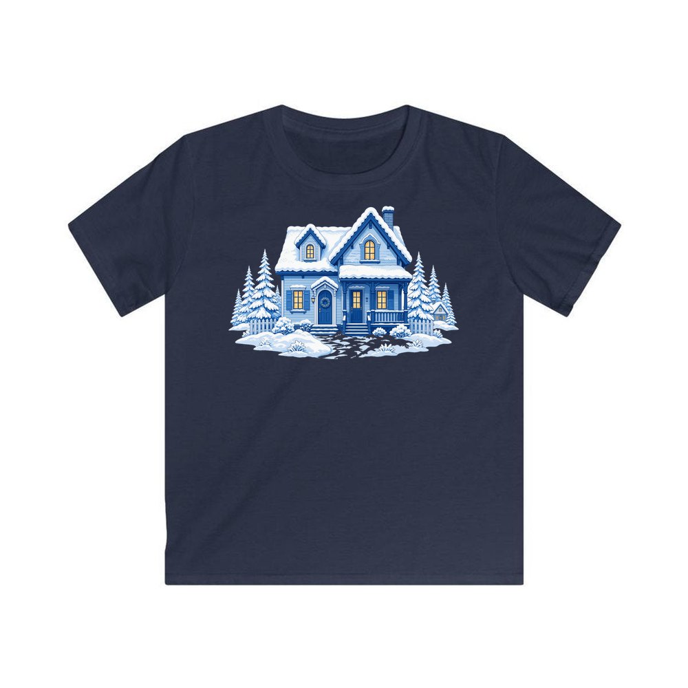 Snowy Blue Christmas Cottage personalised kids Christmas tee in navy