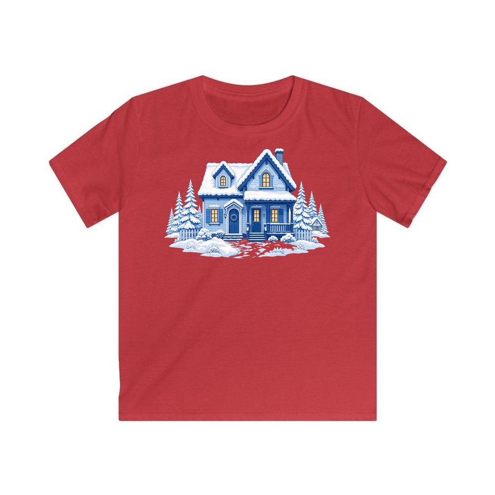 Snowy Blue Christmas Cottage personalised kids Christmas tee in red