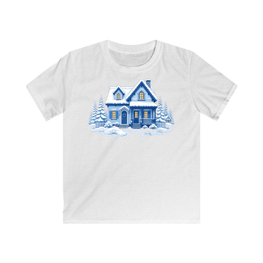 Snowy Blue Christmas Cottage personalised kids Christmas tee in white