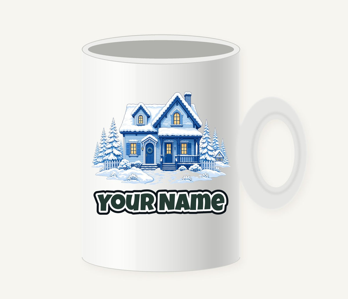 Snowy Blue Christmas Cottage Personalised Christmas Mug