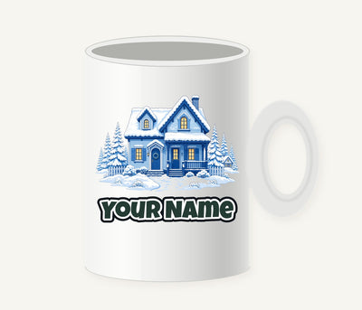 Snowy Blue Christmas Cottage Personalised Christmas Mug