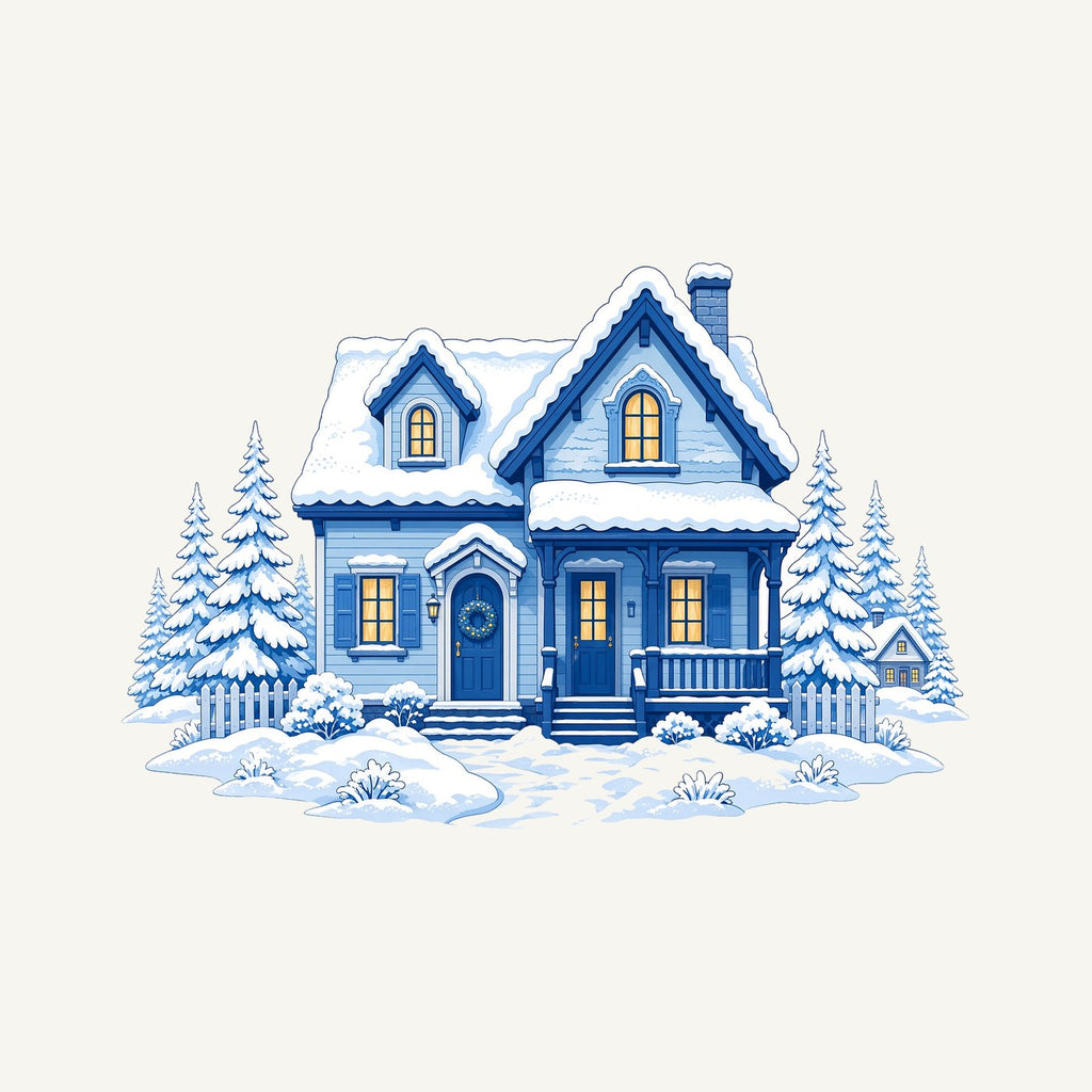 Snowy Blue Christmas Cottage Personalised Christmas Mug