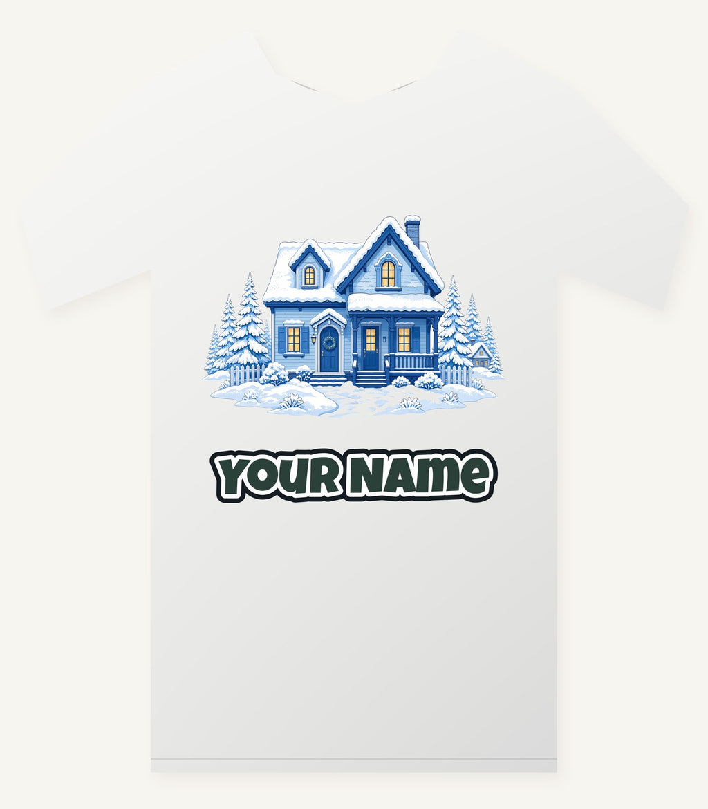 Snowy Blue Christmas Cottage Personalised Christmas T-Shirt and Hoodie