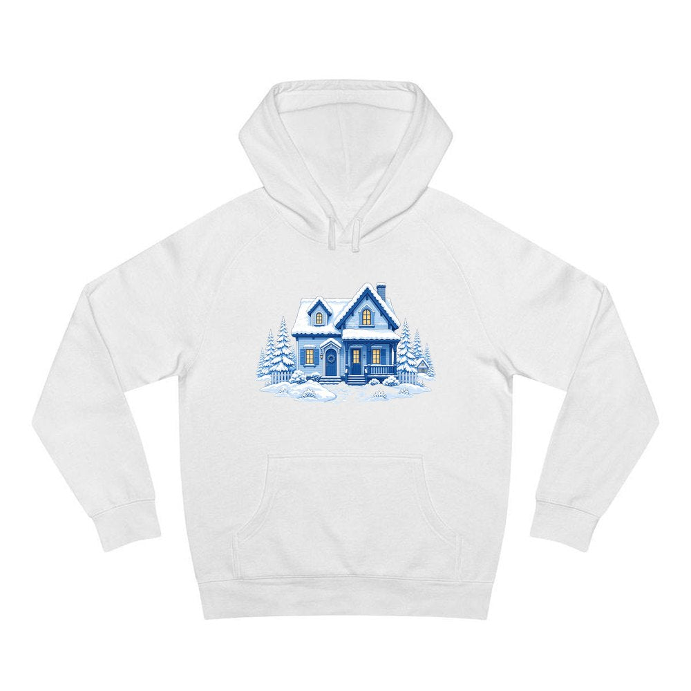 Snowy Blue Christmas Cottage personalised Christmas hoodie in white