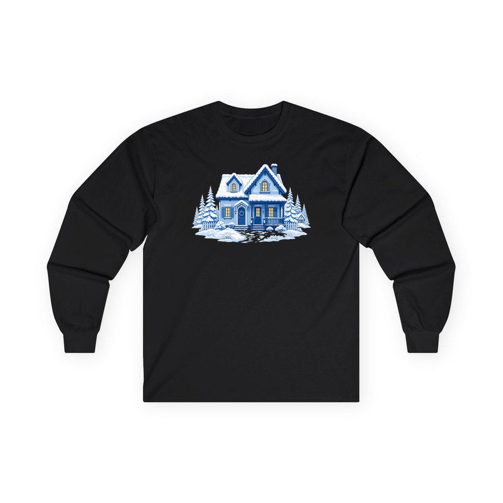 Snowy Blue Christmas Cottage personalised long sleeve Christmas T-shirt in black
