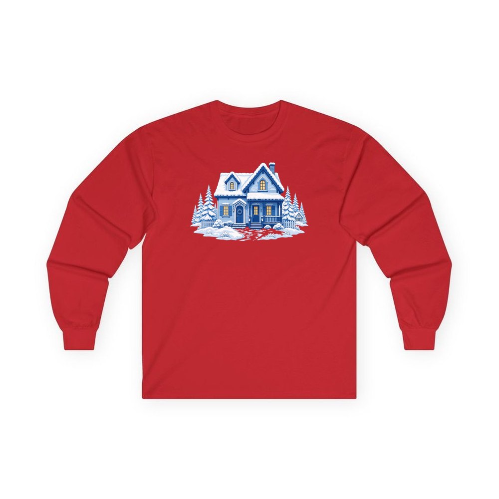 Snowy Blue Christmas Cottage personalised long sleeve Christmas T-shirt in red