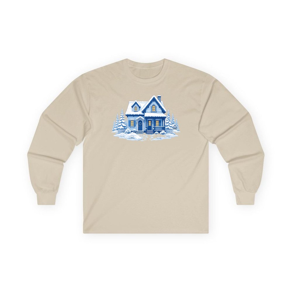 Snowy Blue Christmas Cottage personalised long sleeve Christmas T-shirt in sand
