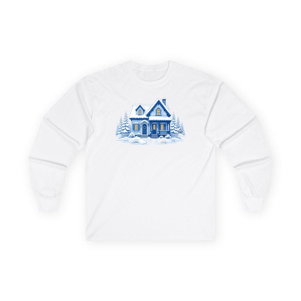 Snowy Blue Christmas Cottage personalised long sleeve Christmas T-shirt in white