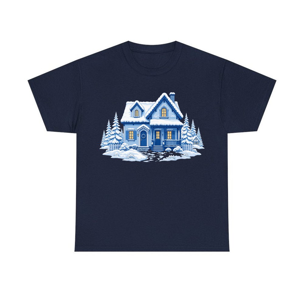 Snowy Blue Christmas Cottage personalised Christmas T-shirt in navy