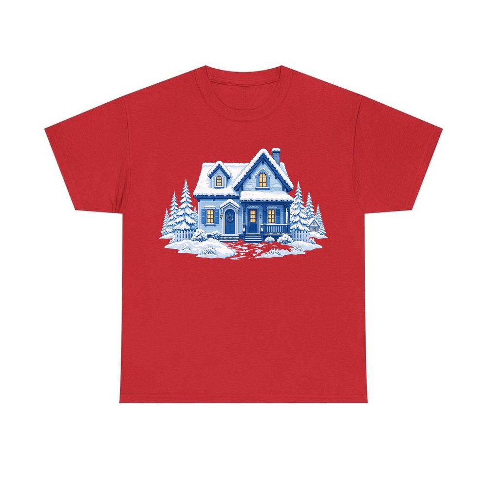Snowy Blue Christmas Cottage personalised Christmas T-shirt in red