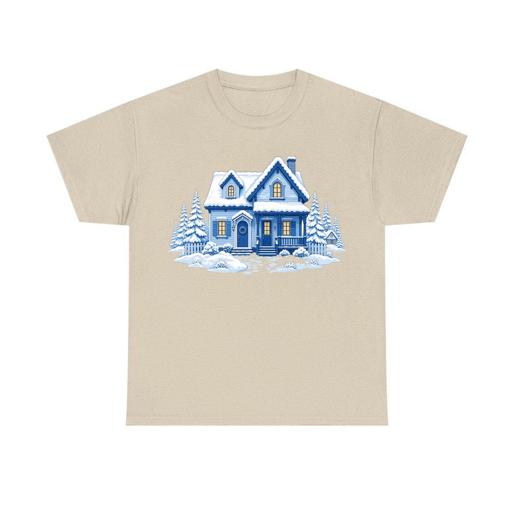 Snowy Blue Christmas Cottage personalised Christmas T-shirt in sand