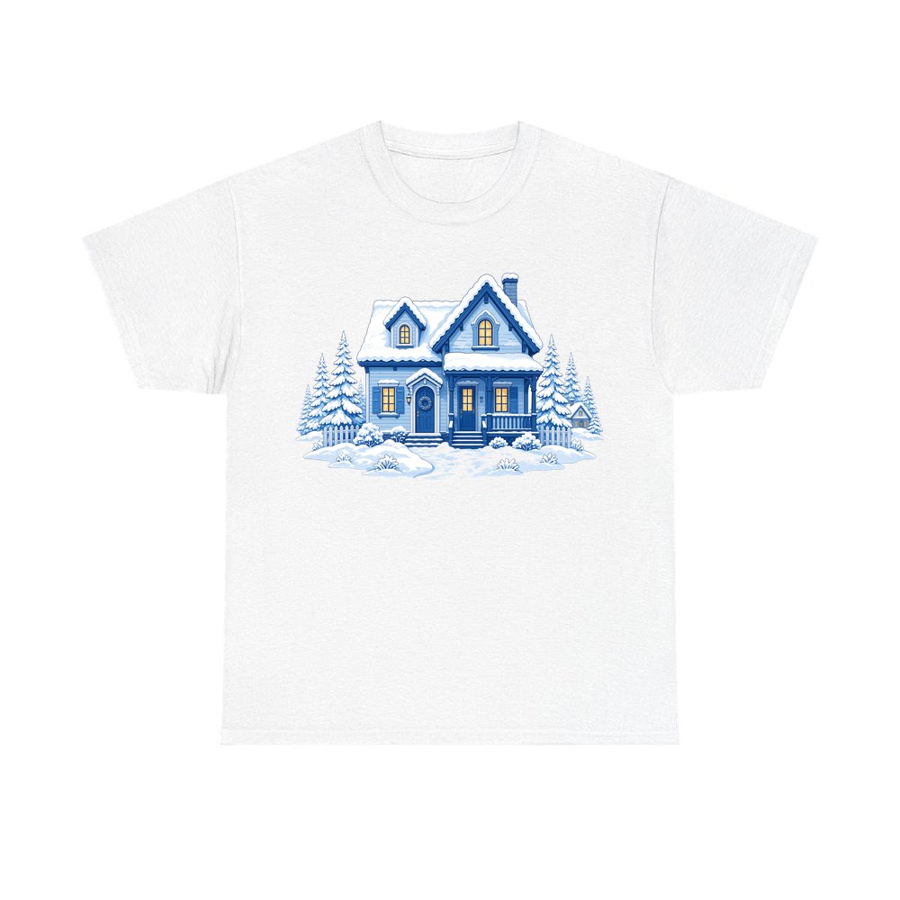 Snowy Blue Christmas Cottage personalised Christmas T-shirt in white
