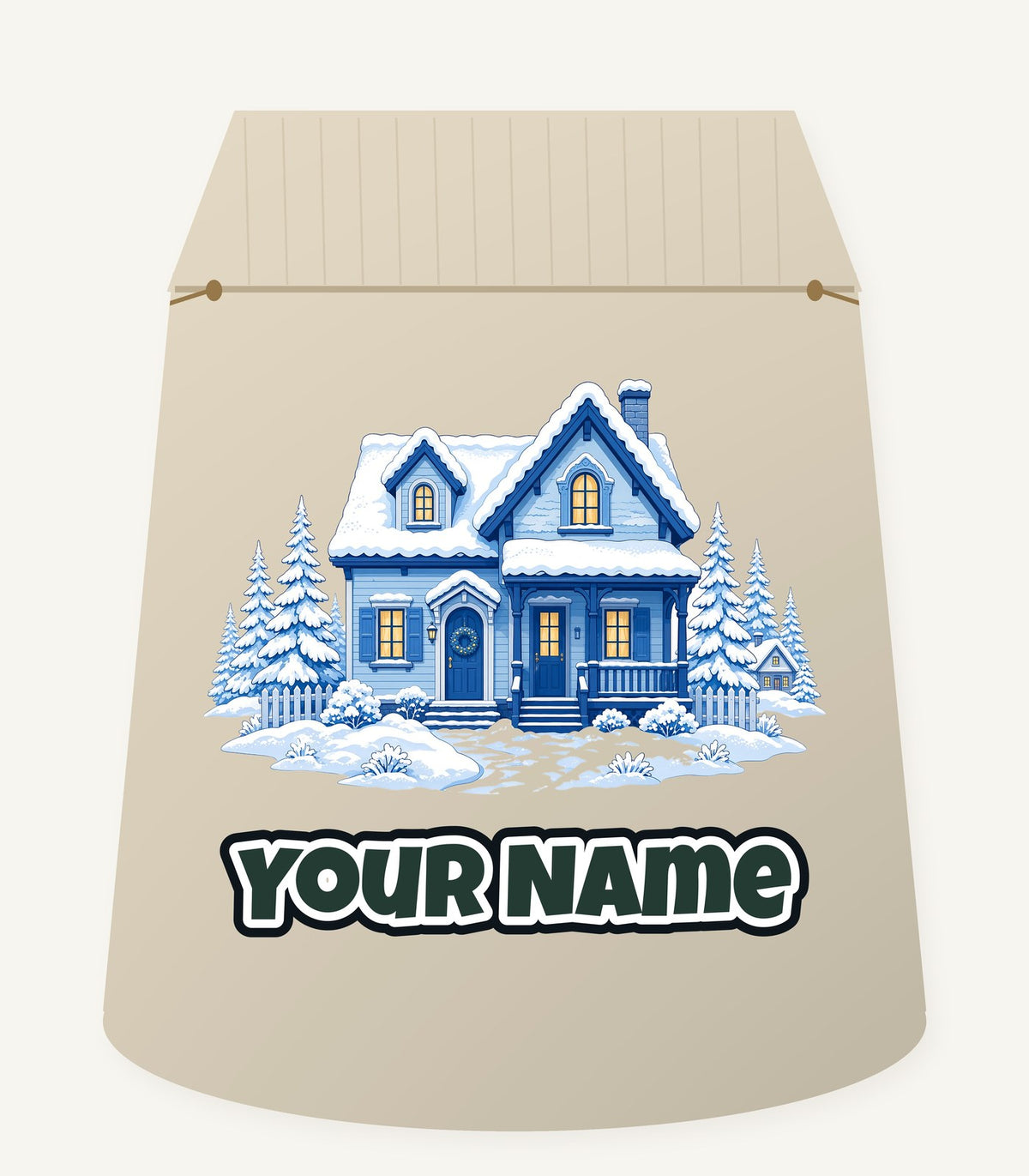 Snowy Blue Christmas Cottage Personalised Santa Sack