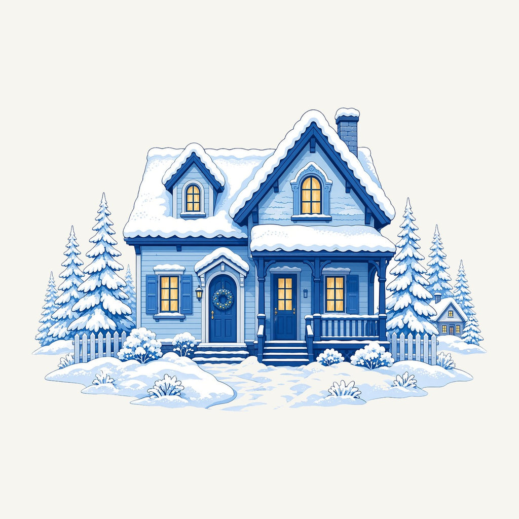 Snowy Blue Christmas Cottage Personalised Santa Sack