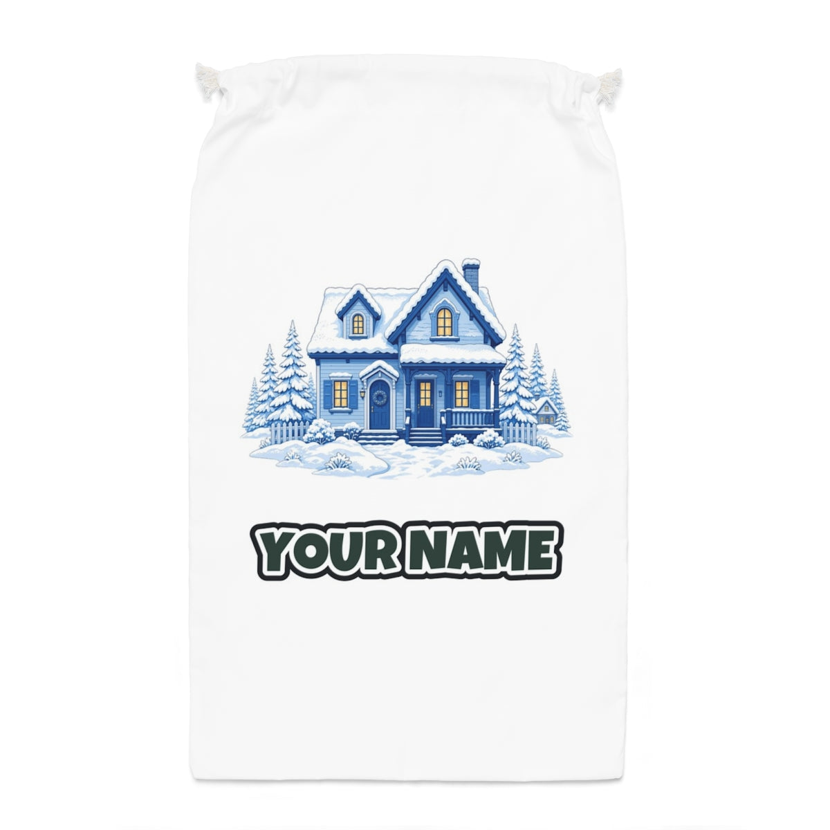 Snowy Blue Christmas Cottage Santa sack laid flat, showing the full print