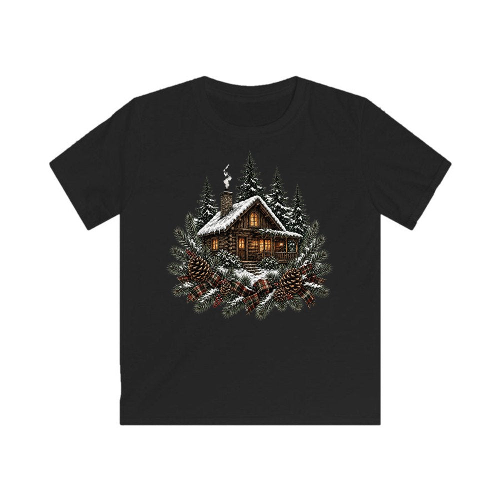 Snowy Cabin in the Pines personalised kids Christmas tee in black