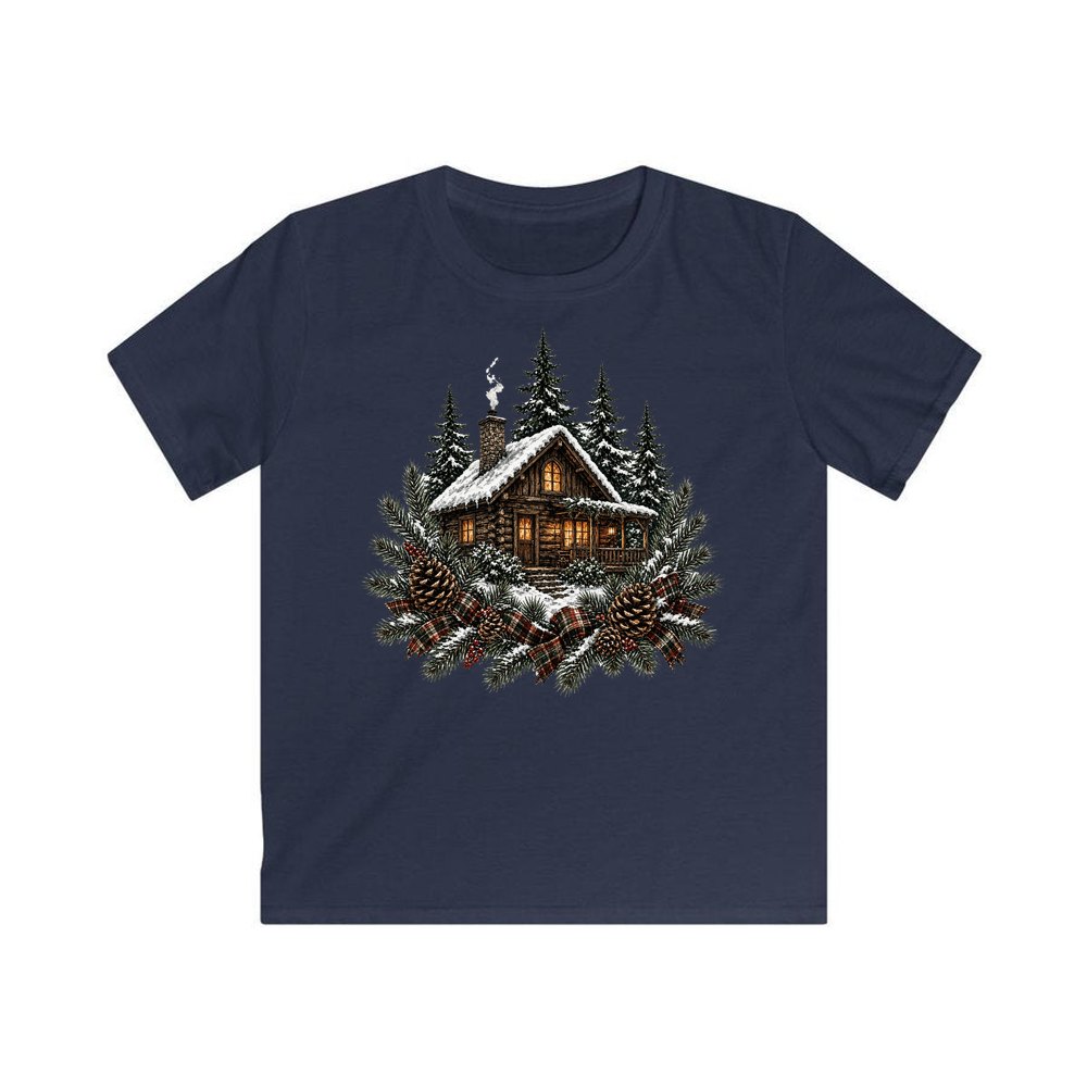 Snowy Cabin in the Pines personalised kids Christmas tee in navy