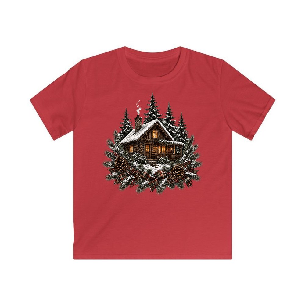 Snowy Cabin in the Pines personalised kids Christmas tee in red