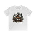 Snowy Cabin In The Pines Kids Christmas Tee design on a white kids tee