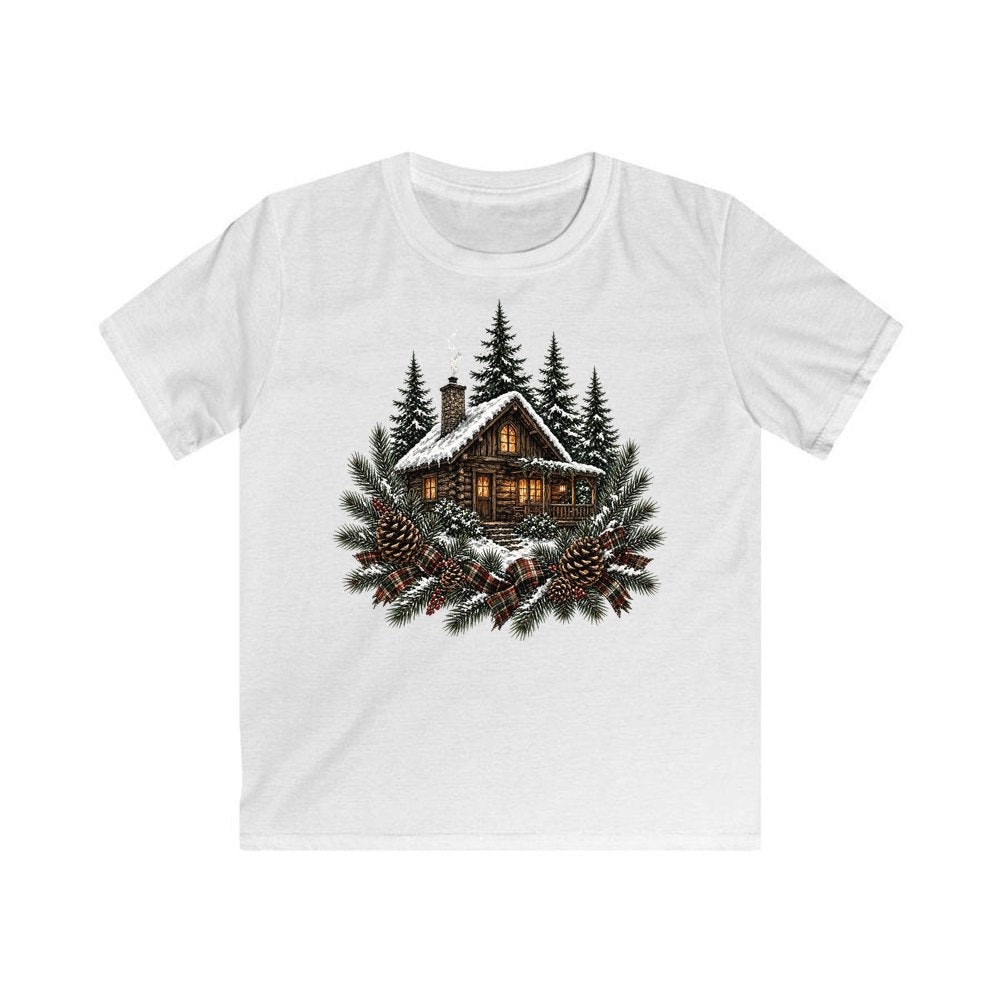 Snowy Cabin In The Pines Kids Christmas Tee design on a white kids tee