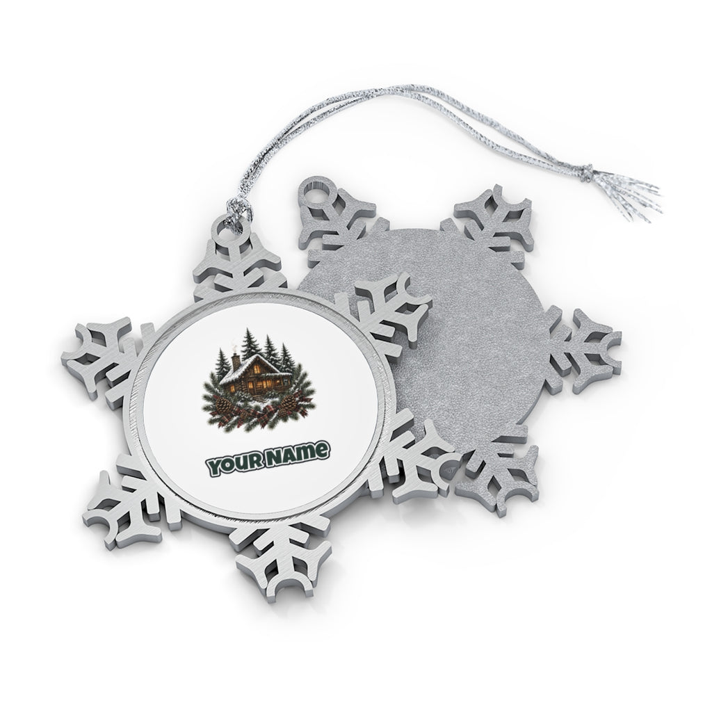 Snowy Cabin in the Pines Personalised Pewter Christmas Ornament