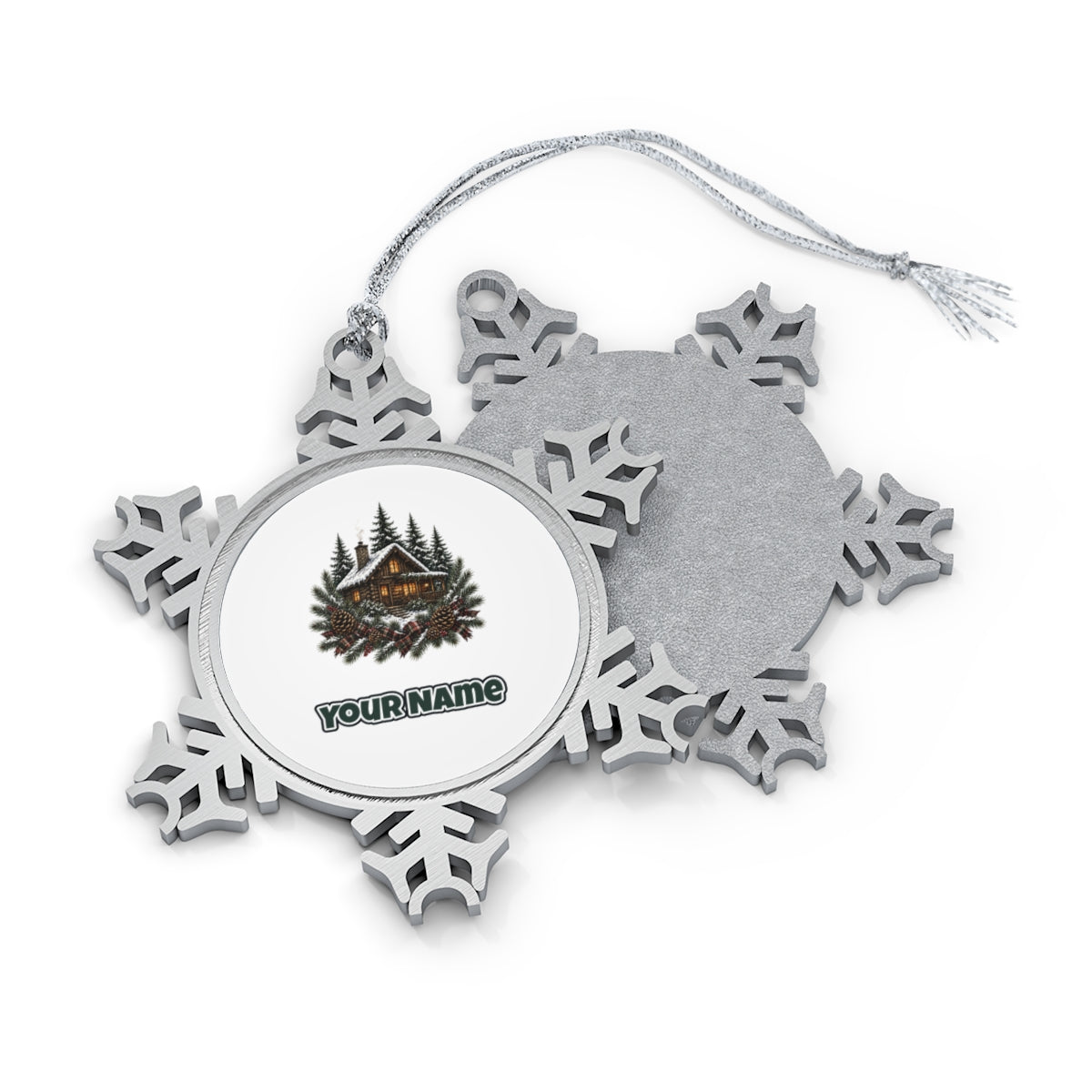 Snowy Cabin in the Pines Personalised Pewter Christmas Ornament
