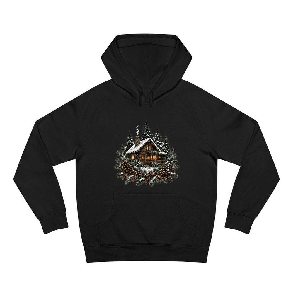 Snowy Cabin in the Pines personalised Christmas hoodie in black