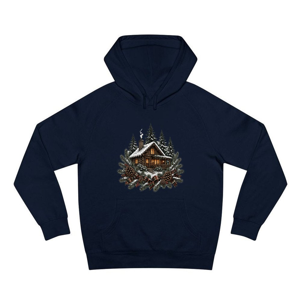 Snowy Cabin in the Pines personalised Christmas hoodie in navy
