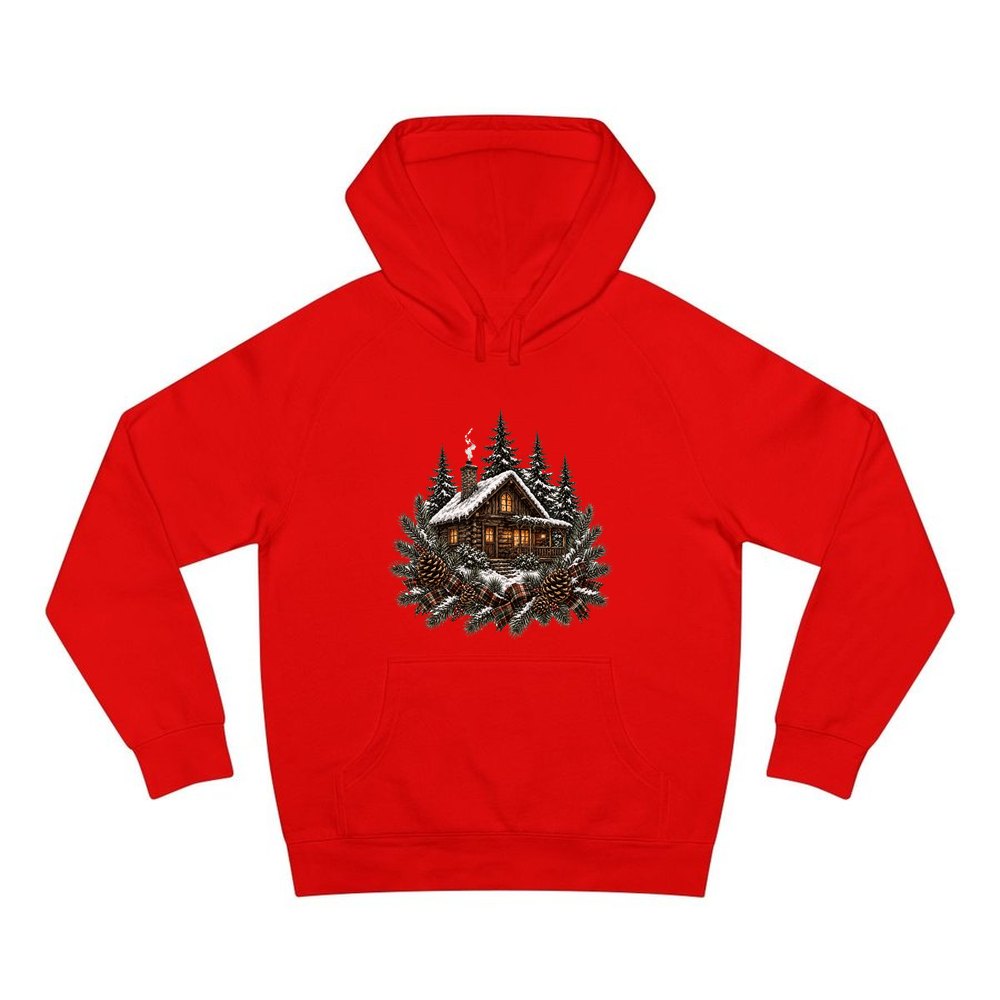 Snowy Cabin in the Pines personalised Christmas hoodie in red