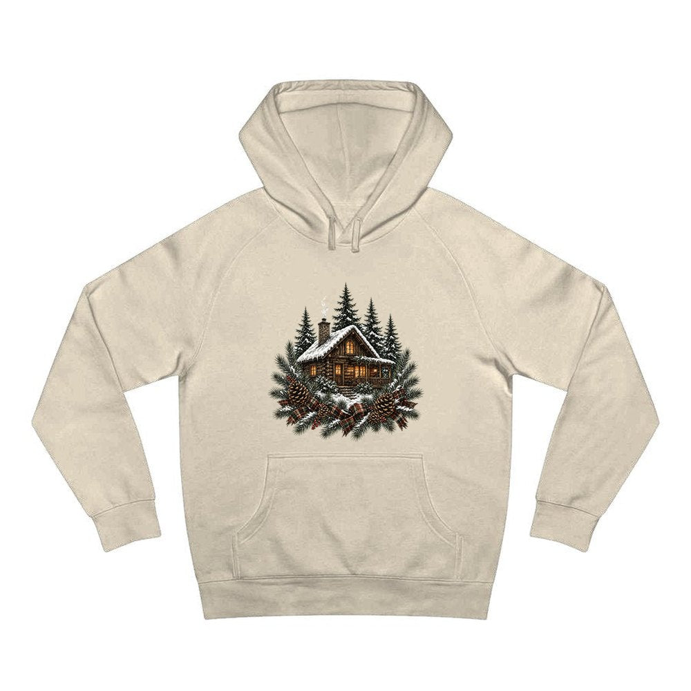 Snowy Cabin in the Pines personalised Christmas hoodie in sand