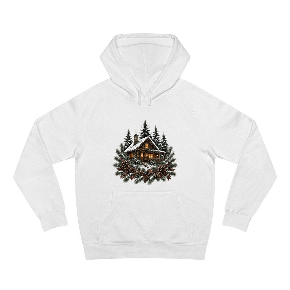 Snowy Cabin in the Pines personalised Christmas hoodie in white
