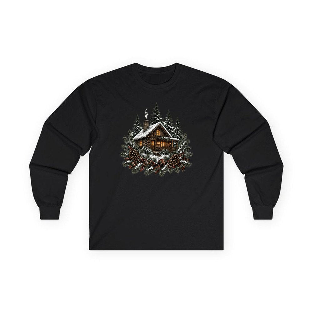 Snowy Cabin in the Pines personalised long sleeve Christmas T-shirt in black