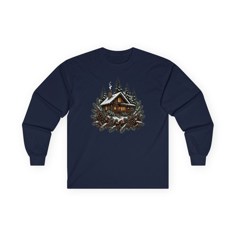 Snowy Cabin in the Pines personalised long sleeve Christmas T-shirt in navy