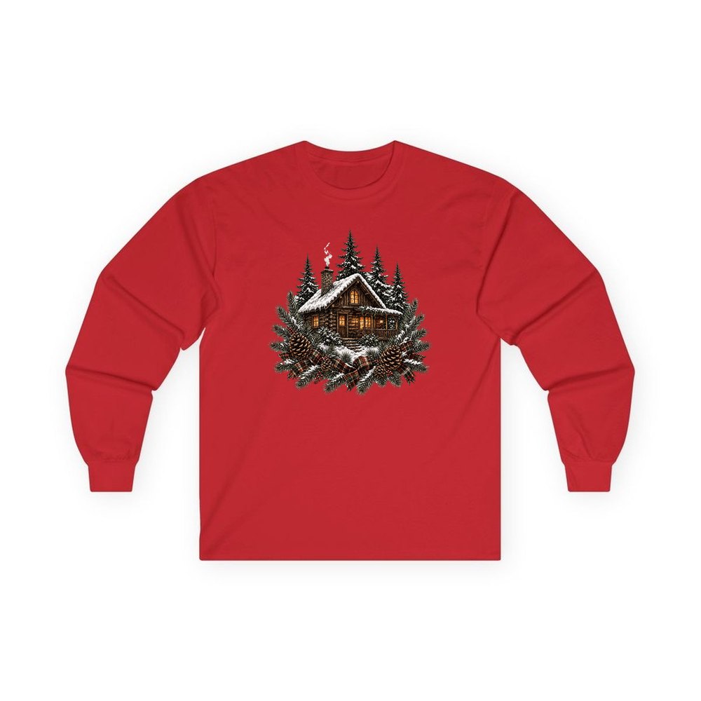 Snowy Cabin in the Pines personalised long sleeve Christmas T-shirt in red