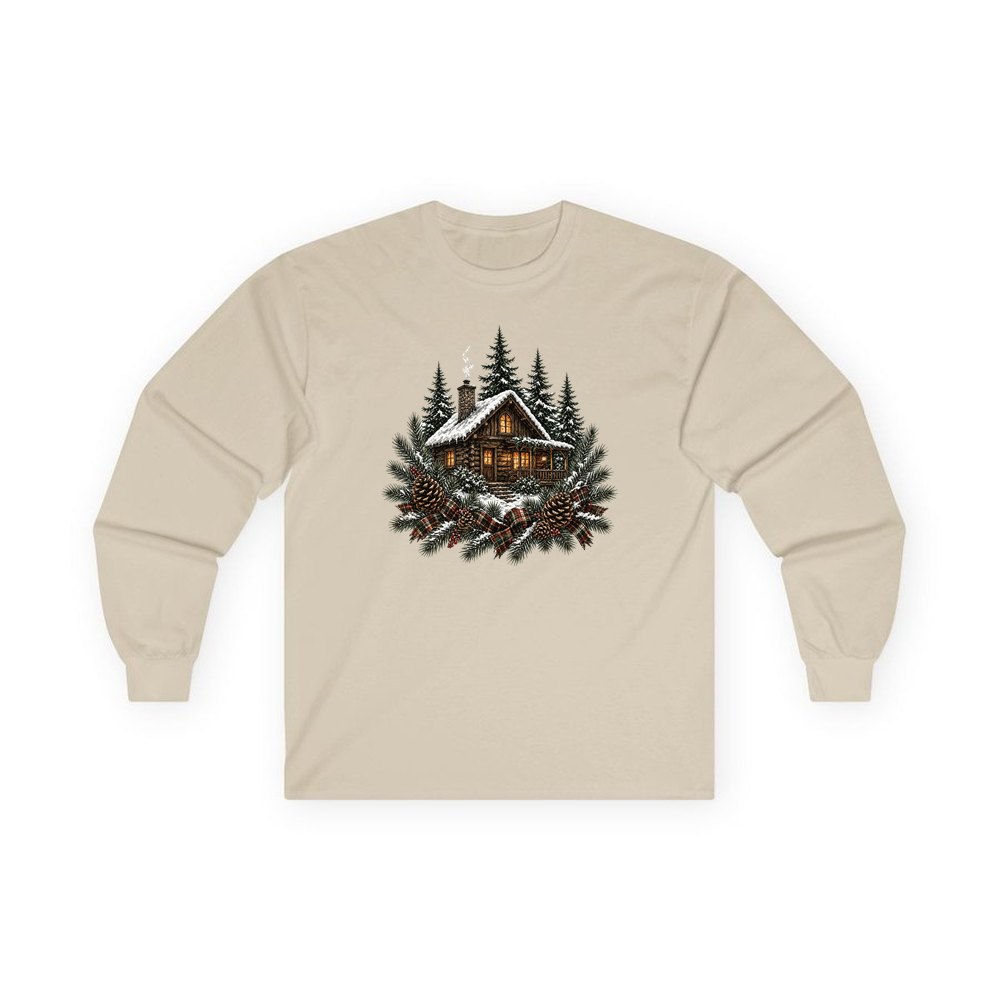 Snowy Cabin in the Pines personalised long sleeve Christmas T-shirt in sand