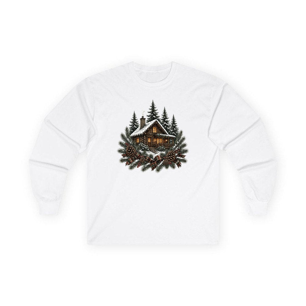 Snowy Cabin in the Pines personalised long sleeve Christmas T-shirt in white