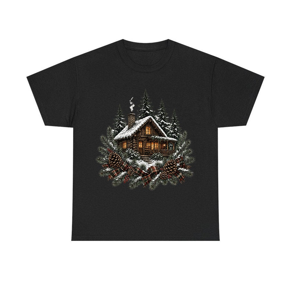 Snowy Cabin in the Pines personalised Christmas T-shirt in black