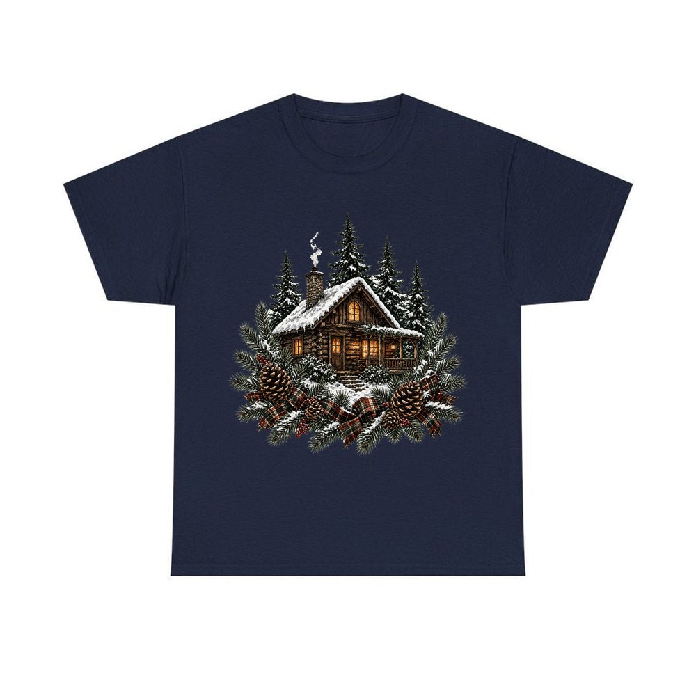 Snowy Cabin in the Pines personalised Christmas T-shirt in navy