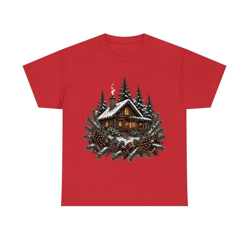 Snowy Cabin in the Pines personalised Christmas T-shirt in red