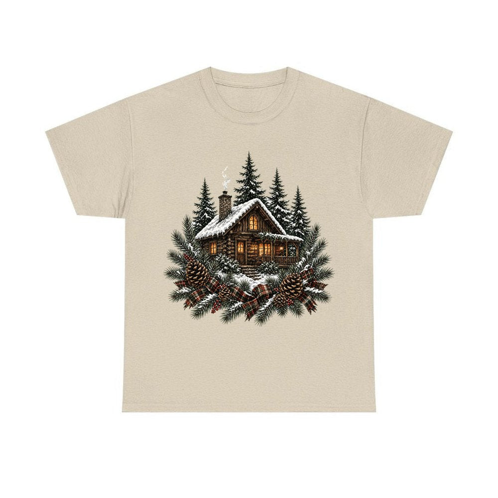 Snowy Cabin in the Pines personalised Christmas T-shirt in sand