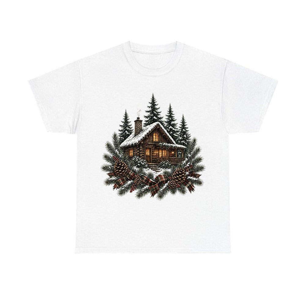 Snowy Cabin In The Pines design on a white tee