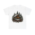 Snowy Cabin In The Pines design on a white tee