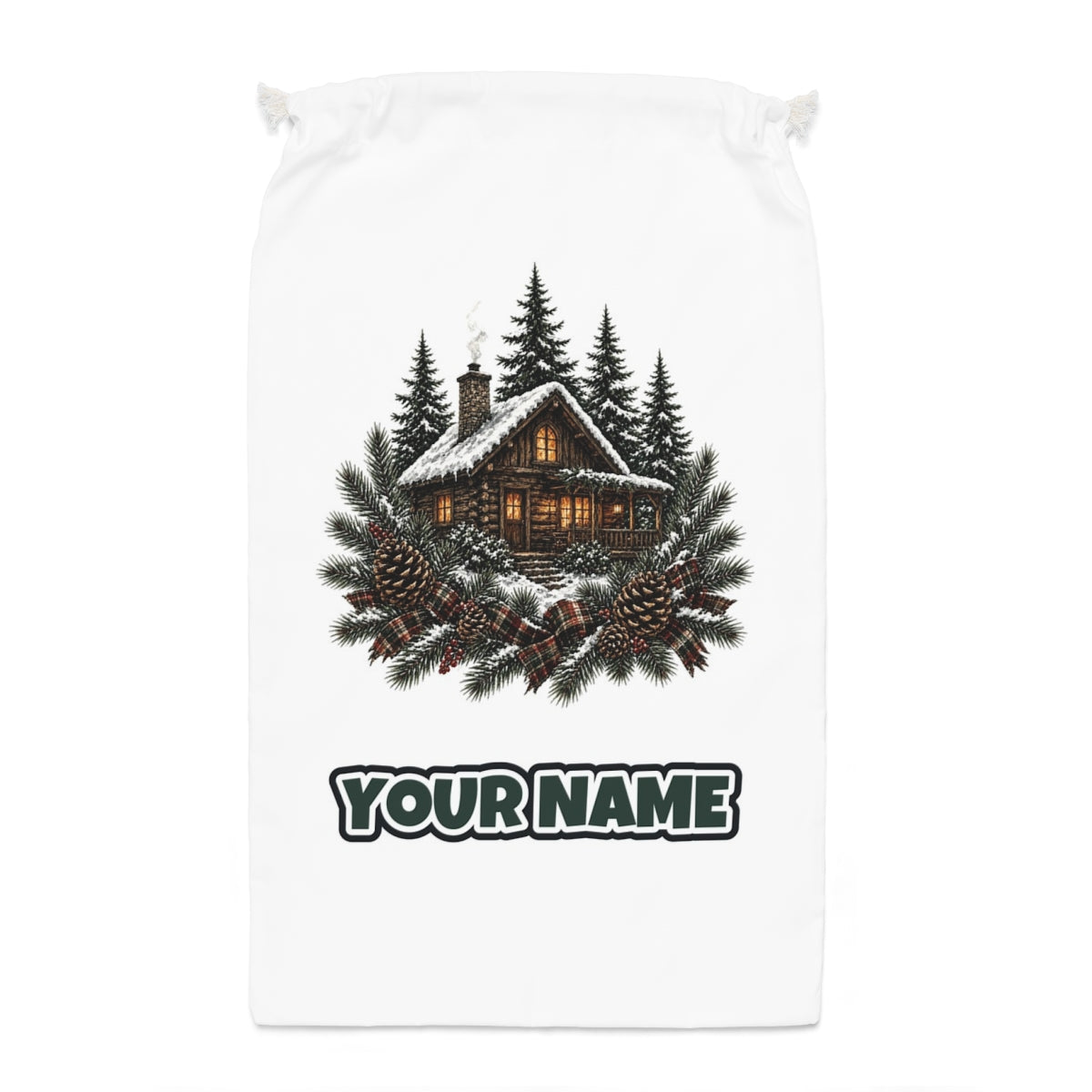 Snowy Cabin in the Pines Santa sack laid flat, showing the full print
