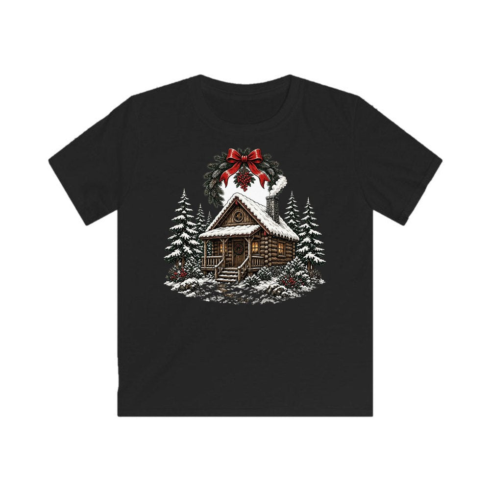 Wreathed Log Cabin in the Snow personalised kids Christmas tee in black