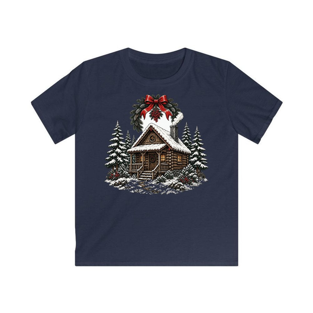 Wreathed Log Cabin in the Snow personalised kids Christmas tee in navy
