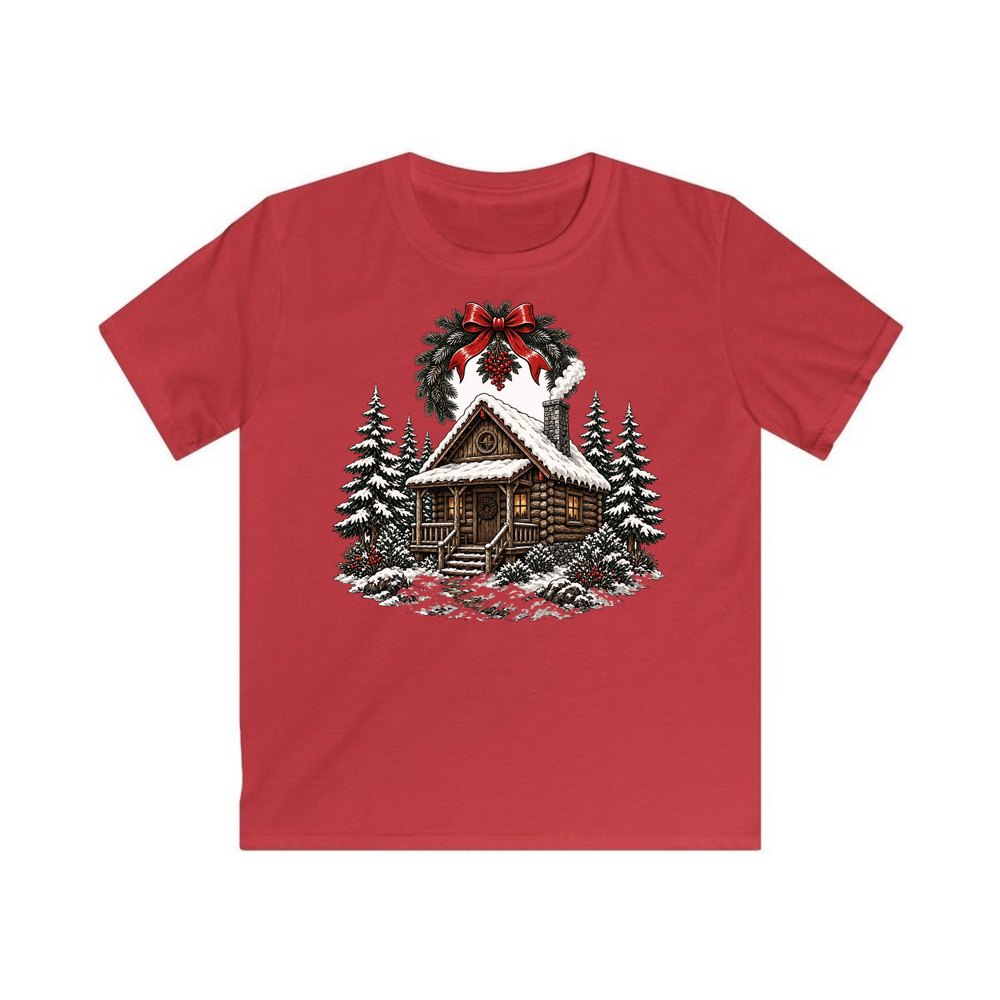 Wreathed Log Cabin in the Snow personalised kids Christmas tee in red